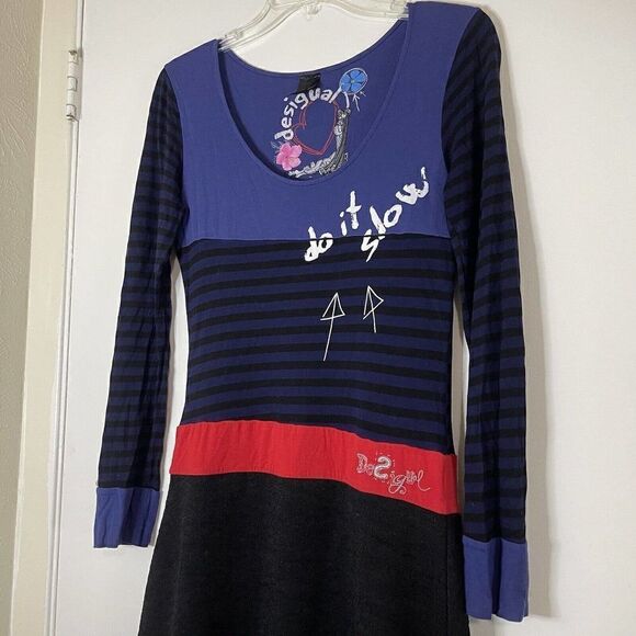 DESIGUAL blue black stripe long sleeve scoop neck dress size Small - Picture 2 of 6